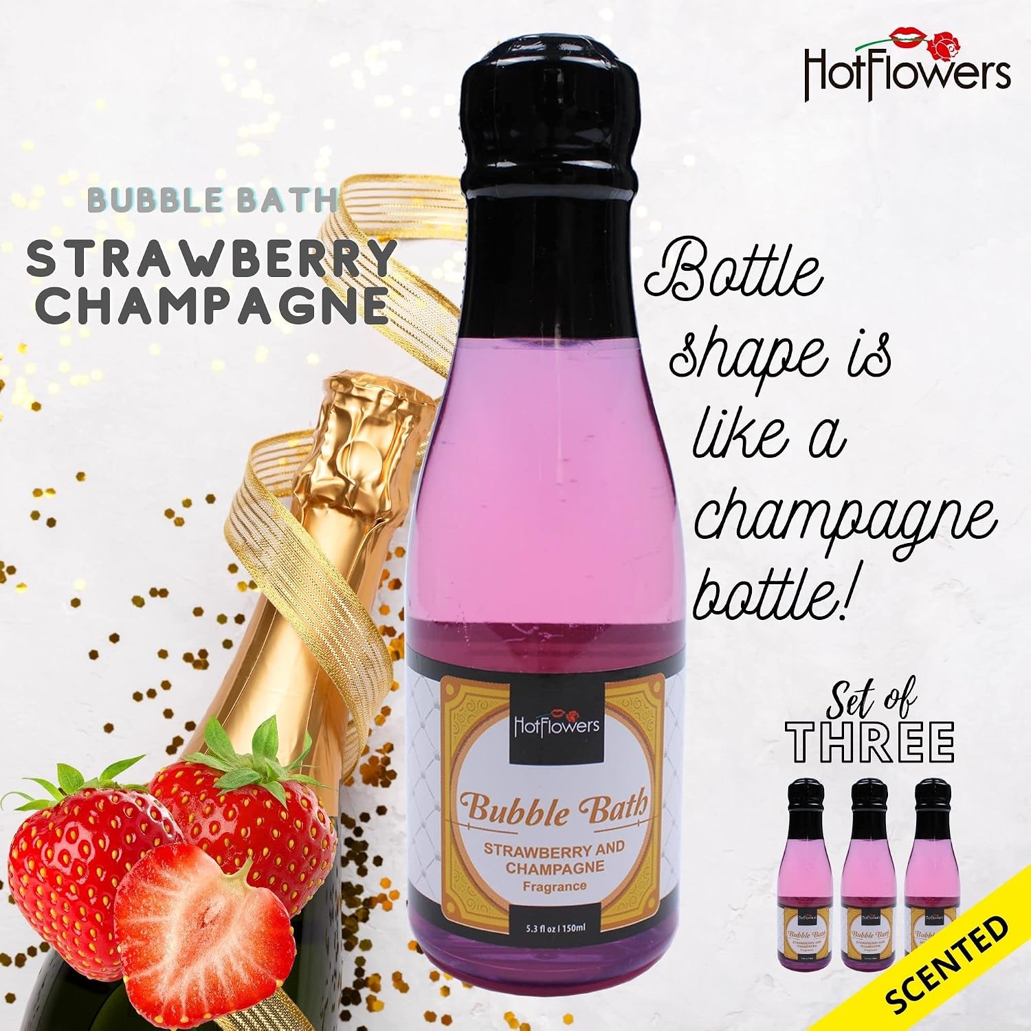 Hot Flowers Bubble Bath Scented – Women and Men Bath Foam Products – Relaxing, Foaming, and Moisturizing Adult Soak – Special Small Champagne-Shaped Pet Bottle - Strawberry with Champagne Scent (3)