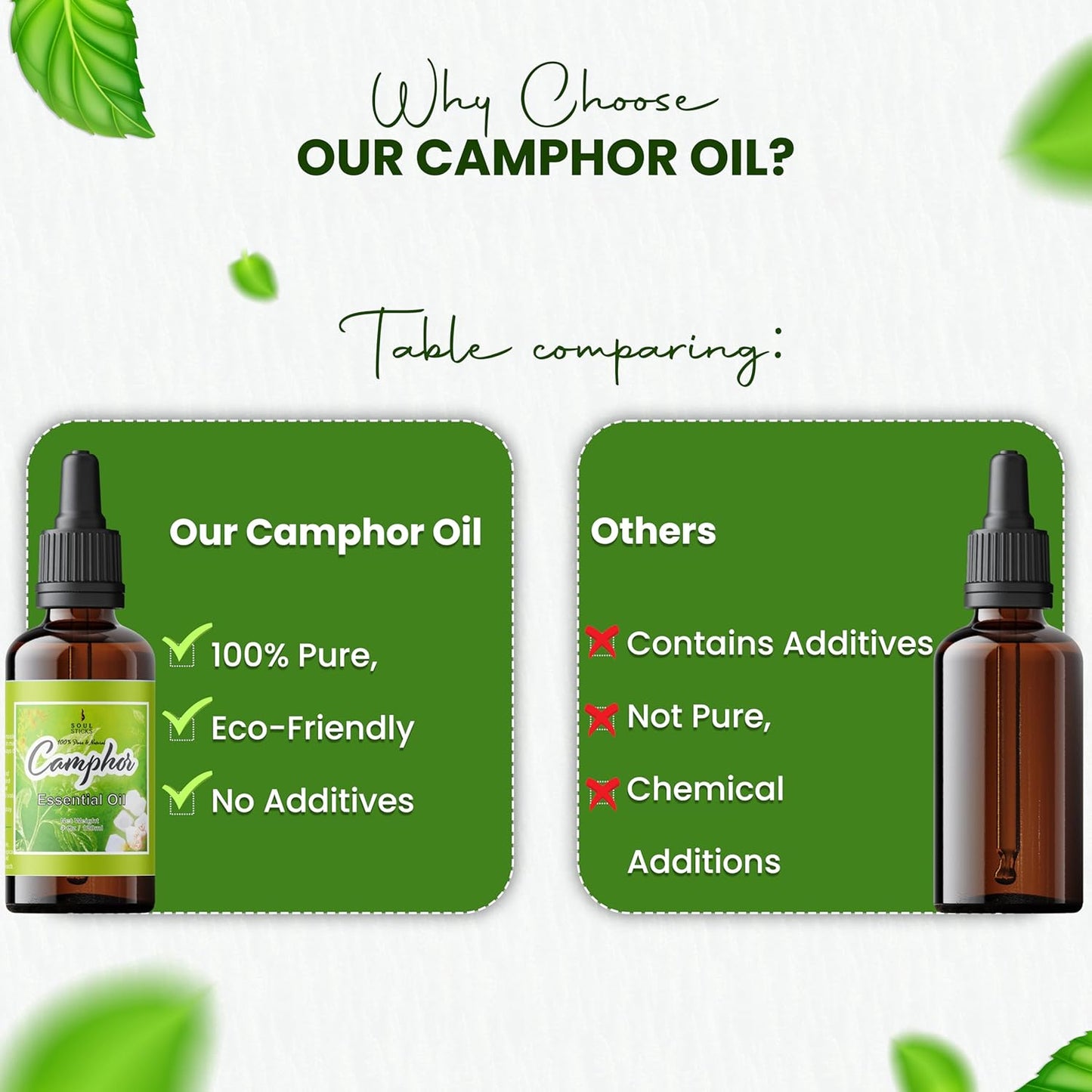 SOUL STICKS Natural Camphor Essential Oil 4 Fl Oz (120ml) 100% Natural Camphor Oil with Glass Dropper for Aromatherapy, Puja, Massage, Skin Care