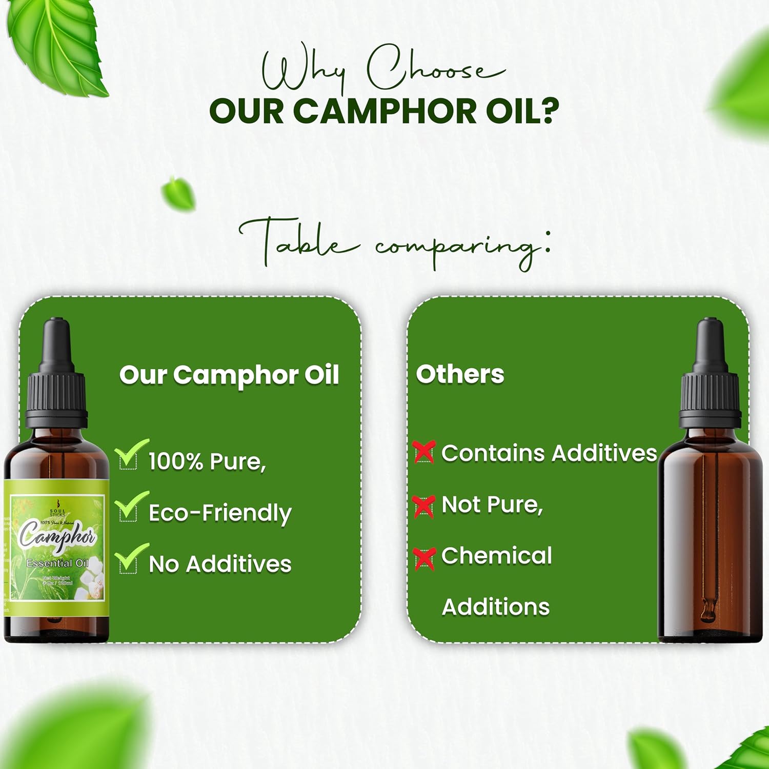 SOUL STICKS Natural Camphor Essential Oil 4 Fl Oz (120ml) 100% Natural Camphor Oil with Glass Dropper for Aromatherapy, Puja, Massage, Skin Care
