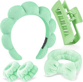 Zkptops 5Pcs Spa Headband for Washing Face Wristband Set Sponge Makeup Skincare Terry Cloth Bubble Soft Hairband Hair Claw Clips for Thick Hair Puffy Padded Headwear Non Slip Hairs Accessory (Green)