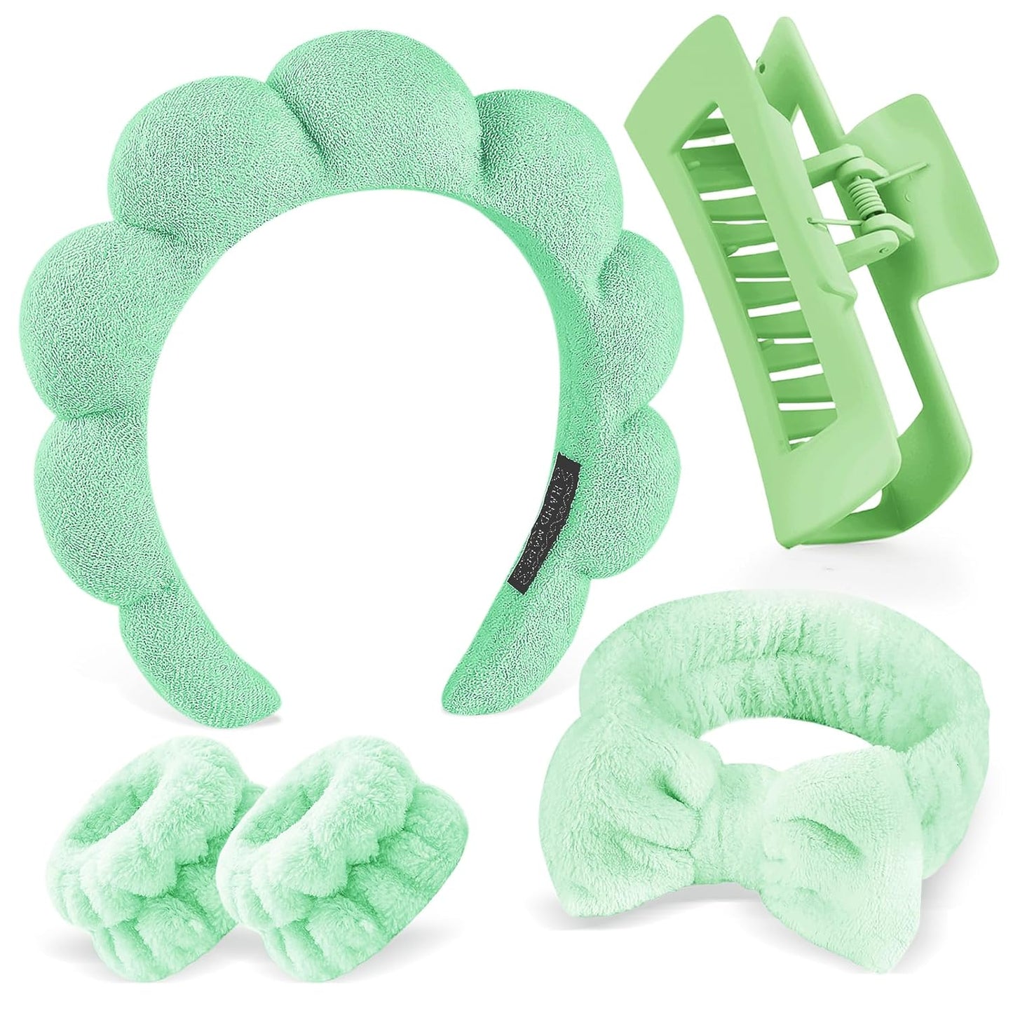 Zkptops 5Pcs Spa Headband for Washing Face Wristband Set Sponge Makeup Skincare Terry Cloth Bubble Soft Hairband Hair Claw Clips for Thick Hair Puffy Padded Headwear Non Slip Hairs Accessory (Green)