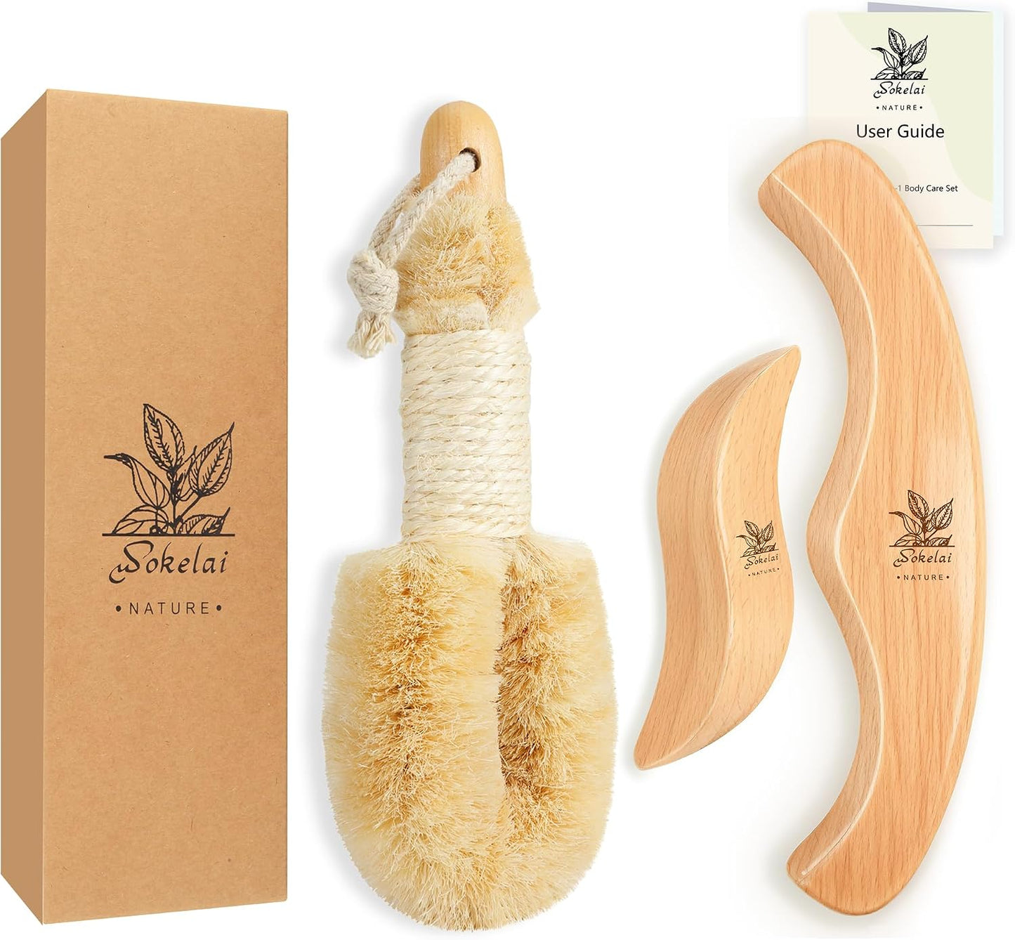 Dry Body Brush Set for Lymphatic Drainage, Natural Sisal Bristle Dry Brushing Body Brush, Wood Therapy Kit with Wooden Acupressure Massage Tools for Face and Body Gua Sha