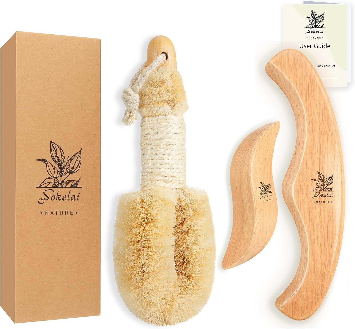 Dry Body Brush Set for Lymphatic Drainage, Natural Sisal Bristle Dry Brushing Body Brush, Wood Therapy Kit with Wooden Acupressure Massage Tools for Face and Body Gua Sha