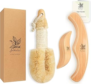 Dry Body Brush Set for Lymphatic Drainage, Natural Sisal Bristle Dry Brushing Body Brush, Wood Therapy Kit with Wooden Acupressure Massage Tools for Face and Body Gua Sha