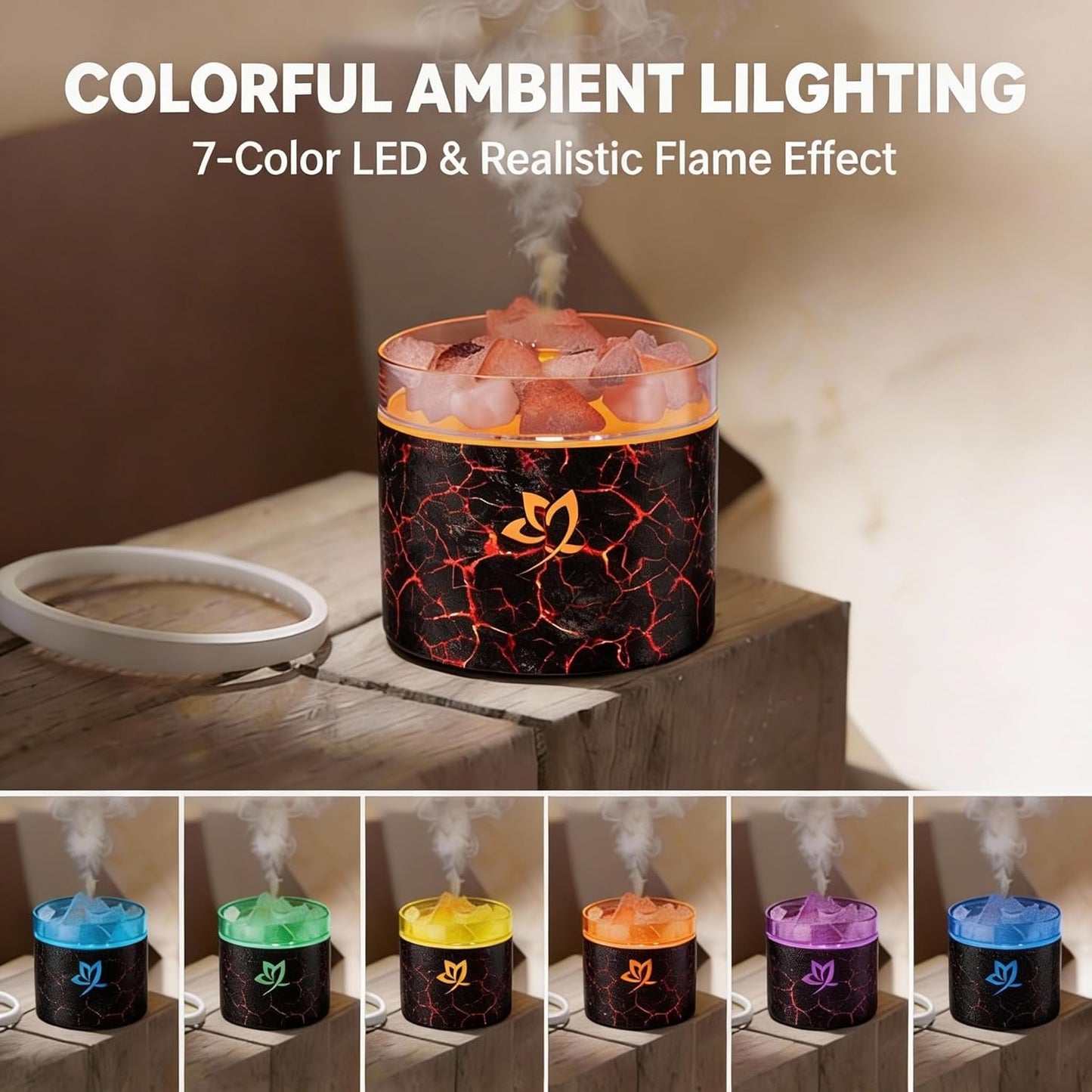 4-in-1 Ultrasonic Crystal Salt Stone Aromatherapy Diffuser & Humidifier - 7-Color LED Dreamy Flame Light, Auto Shut-Off, 2 Modes | Home/Office/Yoga (Black Grain)