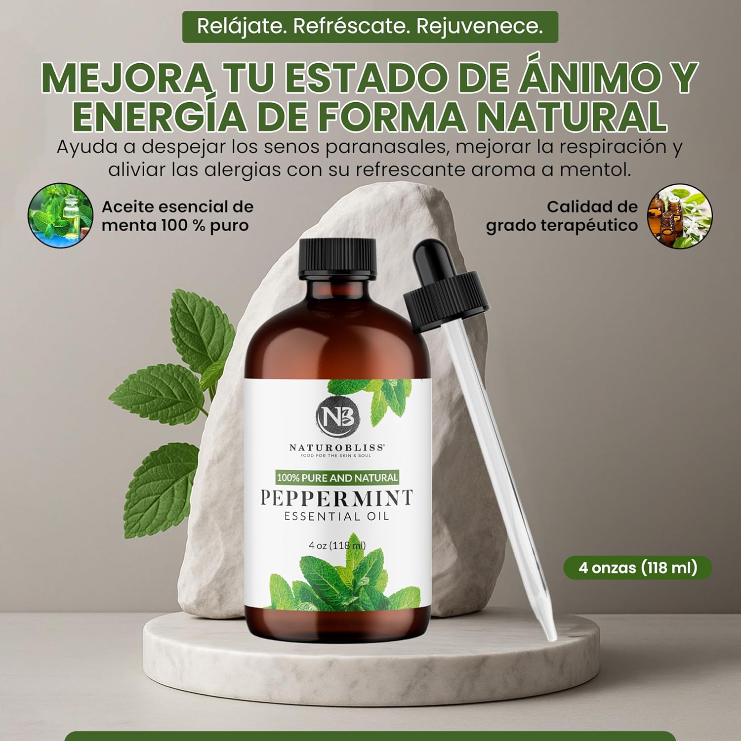 NaturoBliss Peppermint Essential Oil, 100% Pure and Natural Therapeutic Grade, Premium Quality Peppermint Oil, 4 fl. Oz - Perfect for Aromatherapy and Relaxation