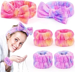 6 Pack Spa Headband with Wristbands: Washing Face Facial Makeup Skincare Headbands for Women Teen Girls - Soft Coral Fleece Elastic Hair Wraps for Easter Basket Stocking Stuffers Valentines Day Gifts