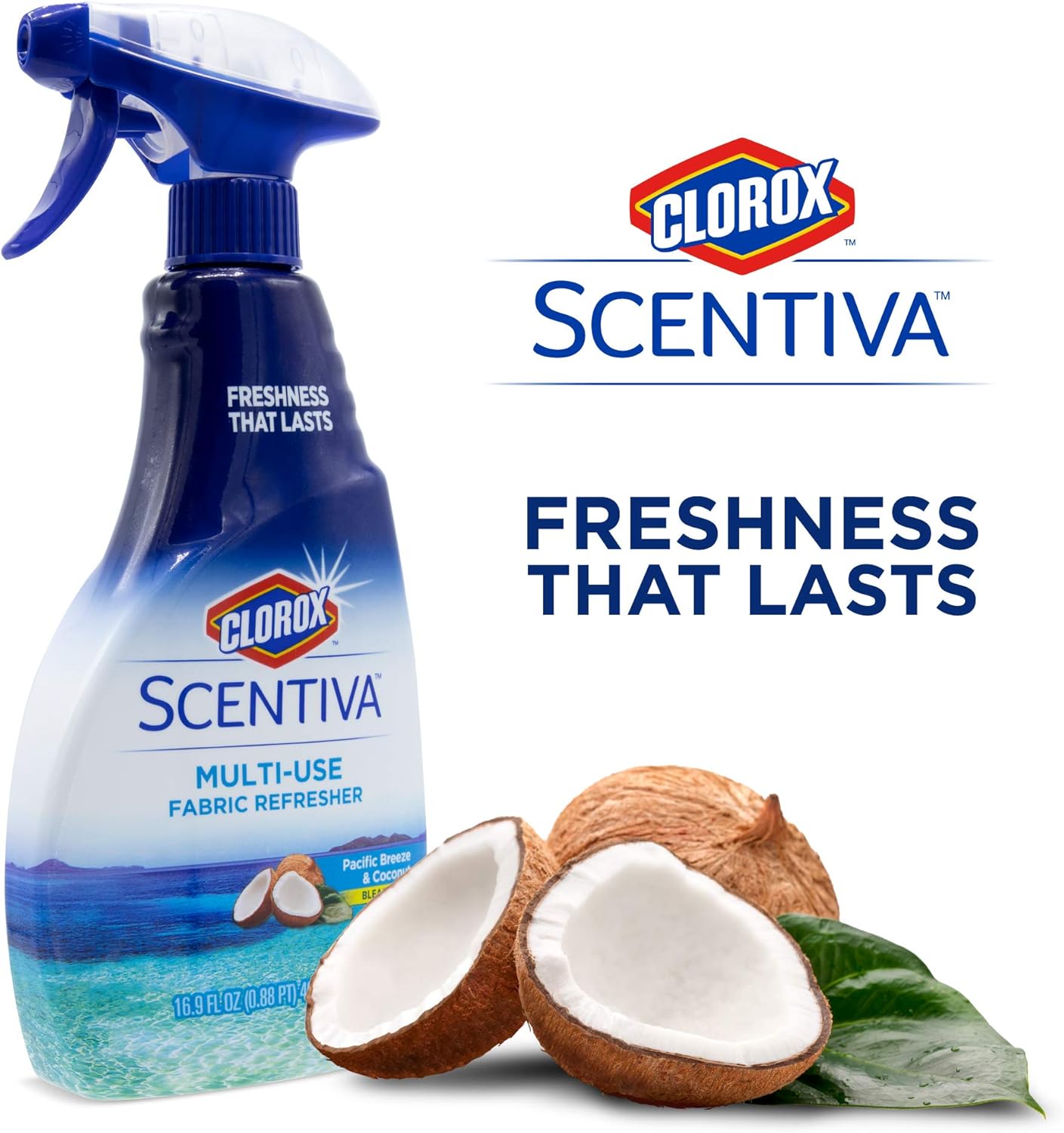 Clorox Scentiva Fabric Refresher Spray, Pacific Breeze and Coconut Scent for Household Fabrics, Odor Refresher for Upholstery, Curtains, Bedding, and Carpets, Non-Bleach, 16.9 Fl Oz