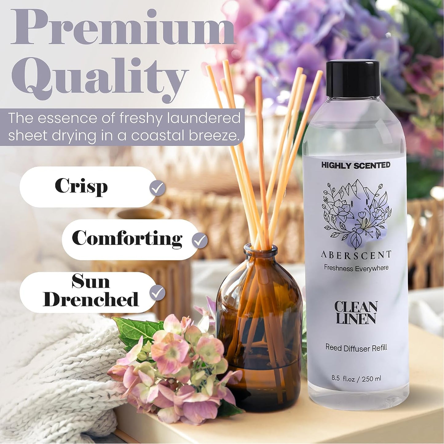 Clean Linen Aberscent Premium Reed Diffuser Oil Refill (8.5 Fl Oz/250ml) – Long-Lasting Fragrance Oil for Home, Office & Spa – Relaxing Scent, Luxury Hotel-Style Aroma