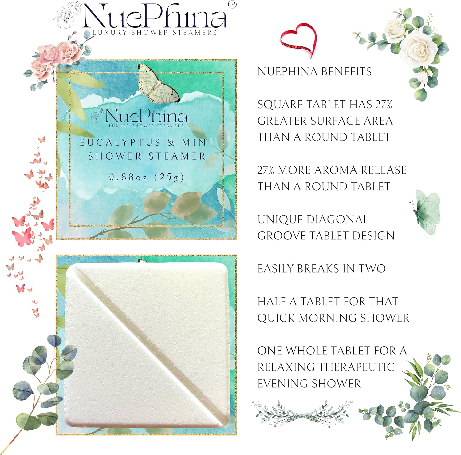 Luxury Eucalyptus and Mint Shower Steamers, 100% Natural Ingredients with Pure Essential Oils. These Steamers Will Create a Fresh Escape to Relieve Your Senses. A Premium Self-Care Gift for Women