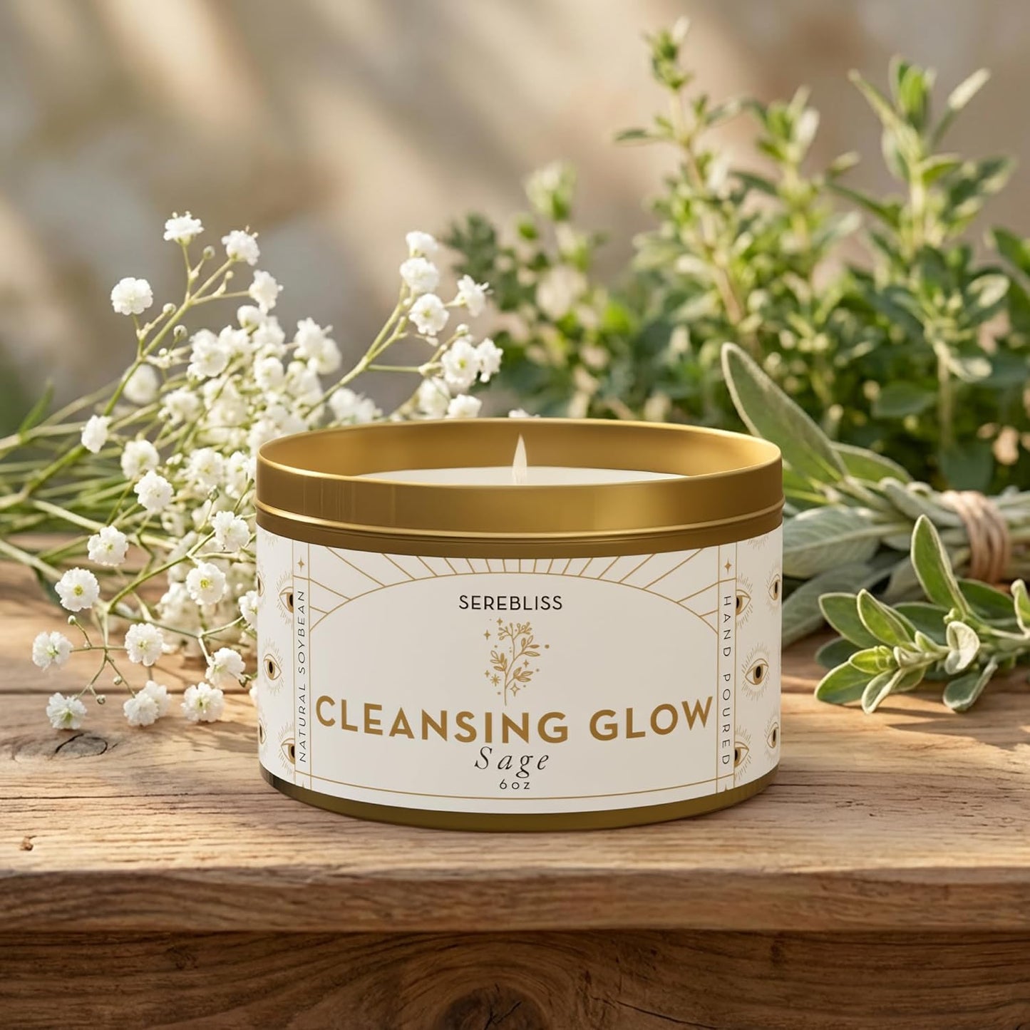 Sage Smudge Candle for Cleansing — 6oz Gold Tin Soy Candle, White Sage Scented, Smokeless Smudge Alternative for Manifestation, Protection, Meditation, Positive Energy & Spiritual Gifts