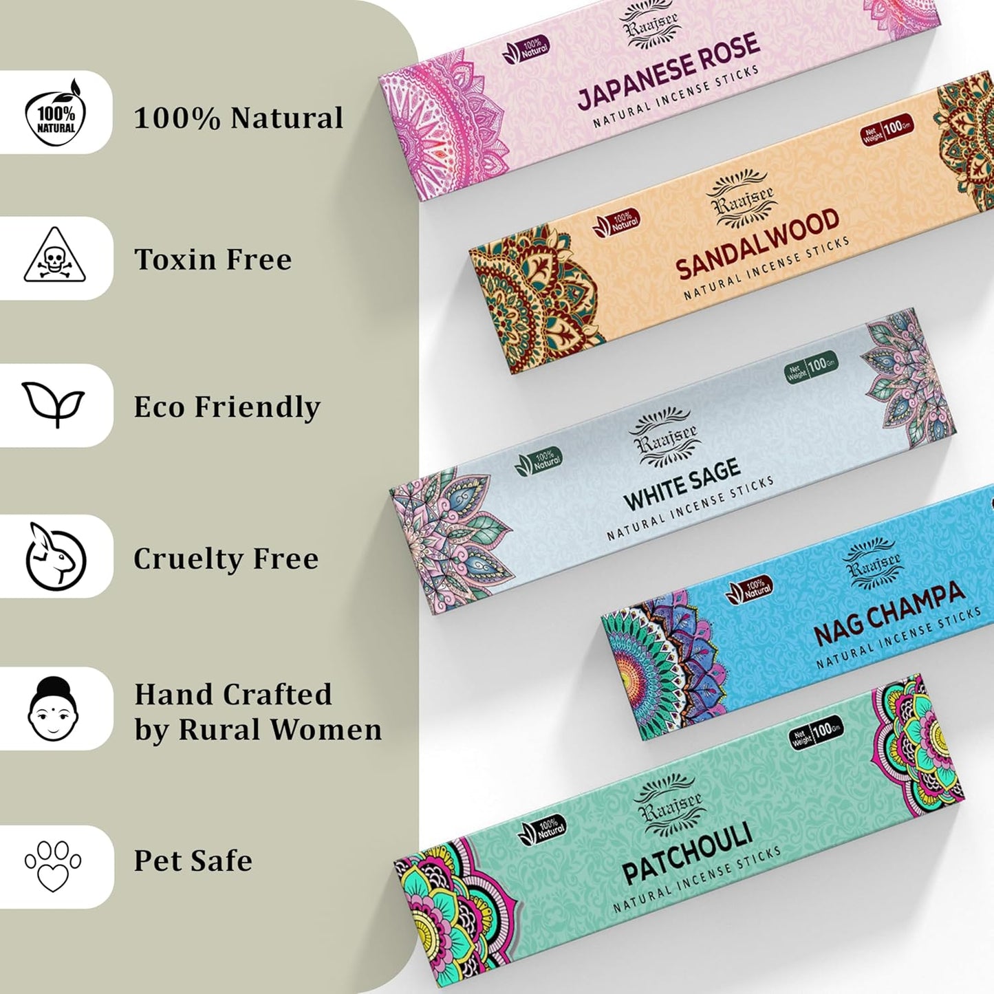 Raajsee Incense Sticks Assorted Pack (180 gm), 100% Pure Organic Natural Hand Rolled Free from Chemicals - Perfect for Aromatherapy, Cleansing, Meditation, and Church (12 Pack)