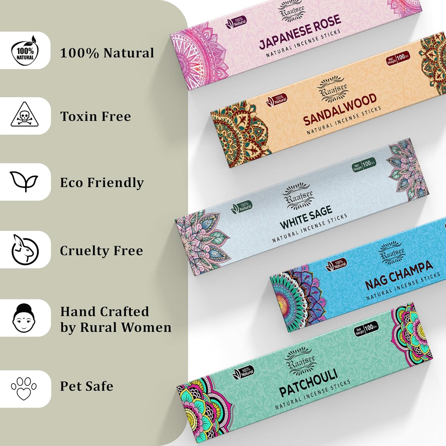 Raajsee Incense Sticks Assorted Pack (180 gm), 100% Pure Organic Natural Hand Rolled Free from Chemicals - Perfect for Aromatherapy, Cleansing, Meditation, and Church (12 Pack)
