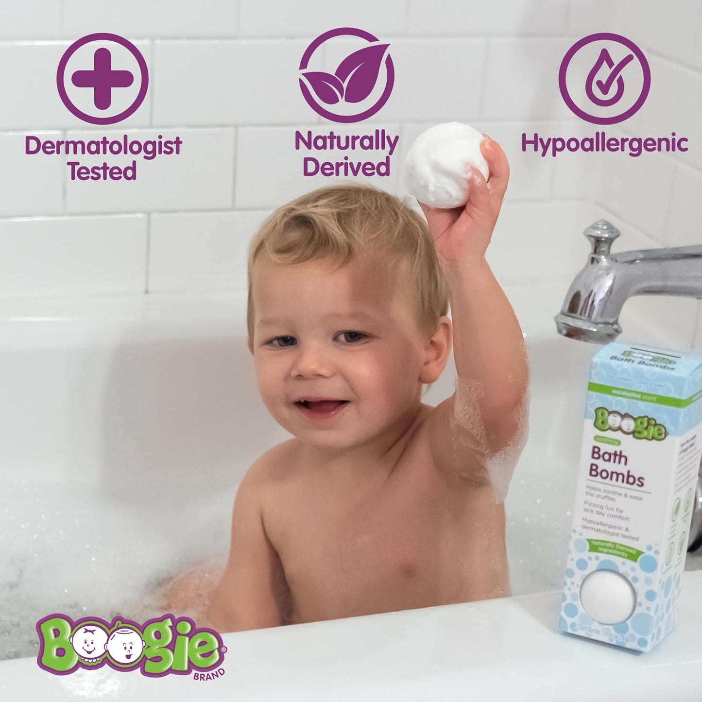 Boogie Kids Bath Bombs, Calming, Naturally Derived, Made with Aloe and Calming Vapors, Eucalyptus, 3 Bath Bombs, 2.8 oz, Pack of 1