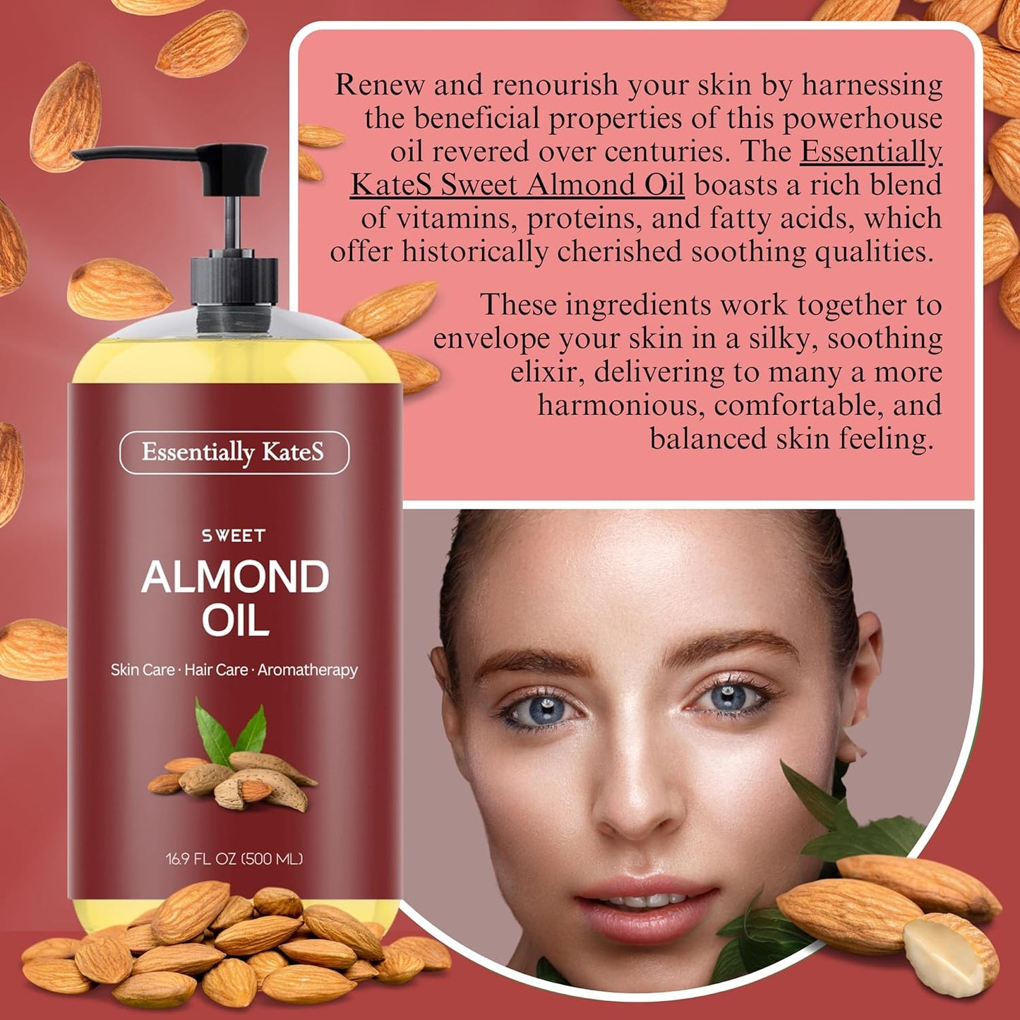 Essentially KateS Sweet Almond Oil 16.9 fl oz - 100% Pure and Natural and Cold Pressed