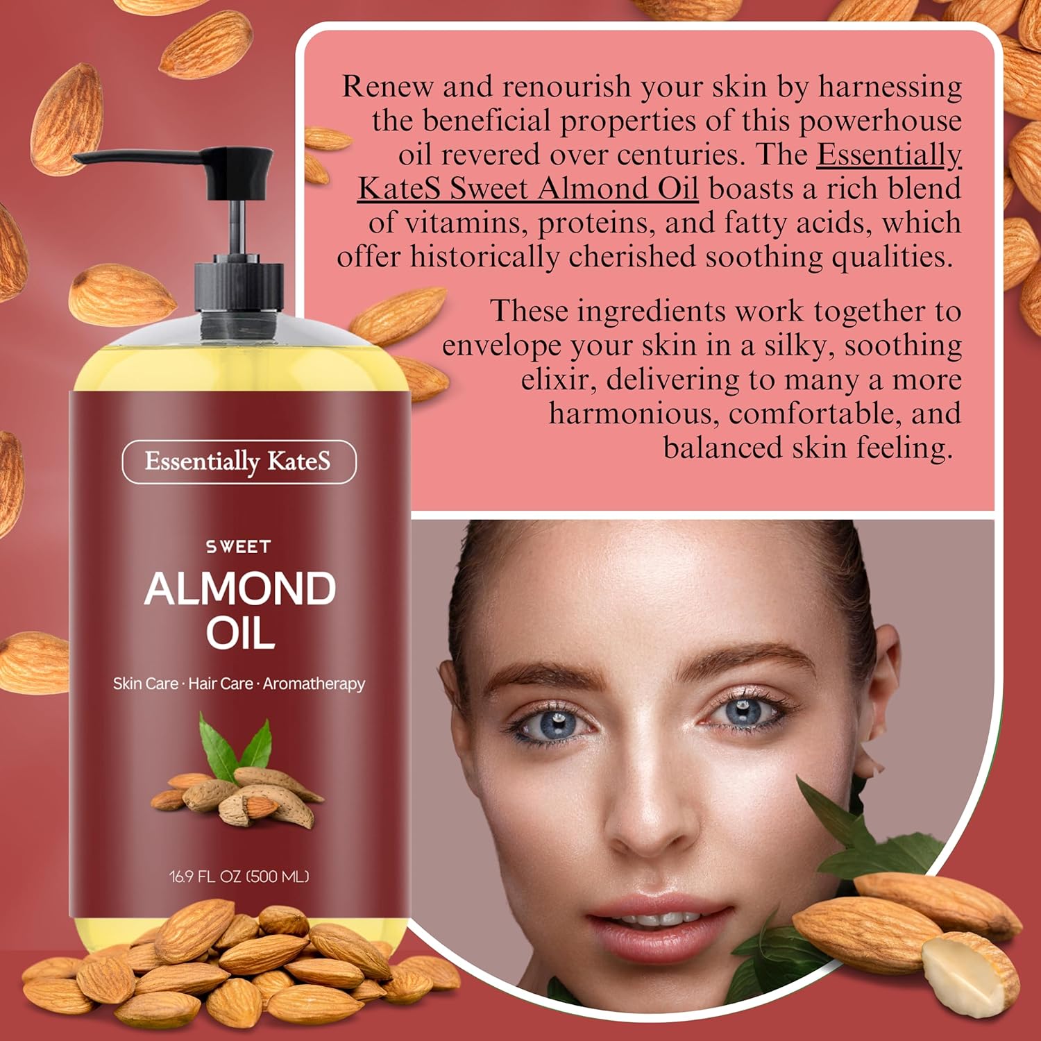 Essentially KateS Sweet Almond Oil 16.9 fl oz - 100% Pure and Natural and Cold Pressed