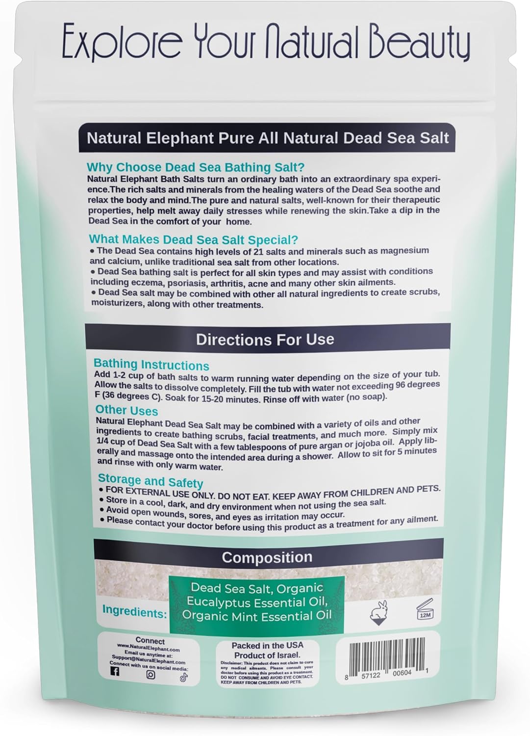 Natural Elephant Dead Sea Bath Salt Bathing and Foot Soak for Relaxing and Nourishing- 100% Pure with Essential Oil - Medium Coarse Grain (2 lb (32 oz) Bag, Eucalyptus Mint)