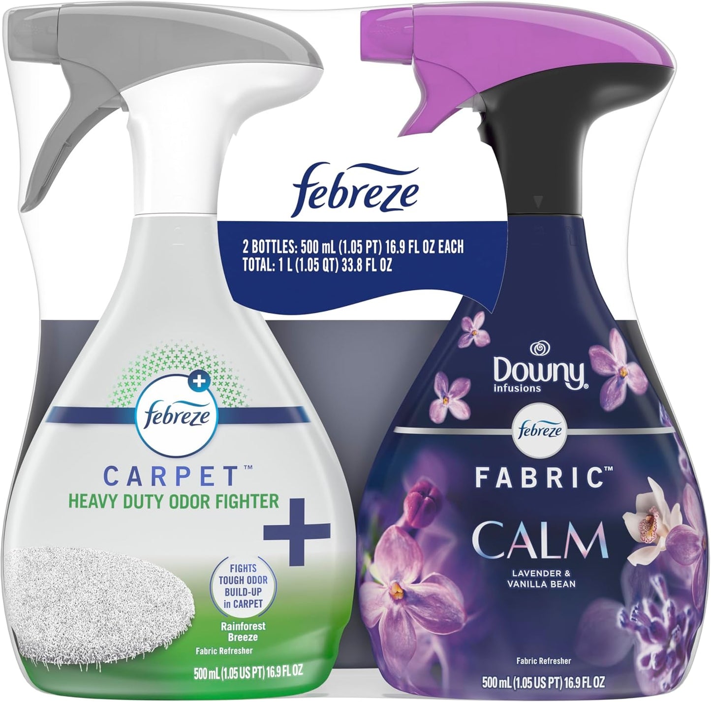 Febreze Fabric Spray & Carpet Heavy Duty Odor Fighter, Fabric Refresher, Multi-Use Deodorizer, Sneaker Balls Alternative, Couch & Linen Spray, Downy Calm & Rainforest Scents, 16.9oz, 2ct (1 of each)