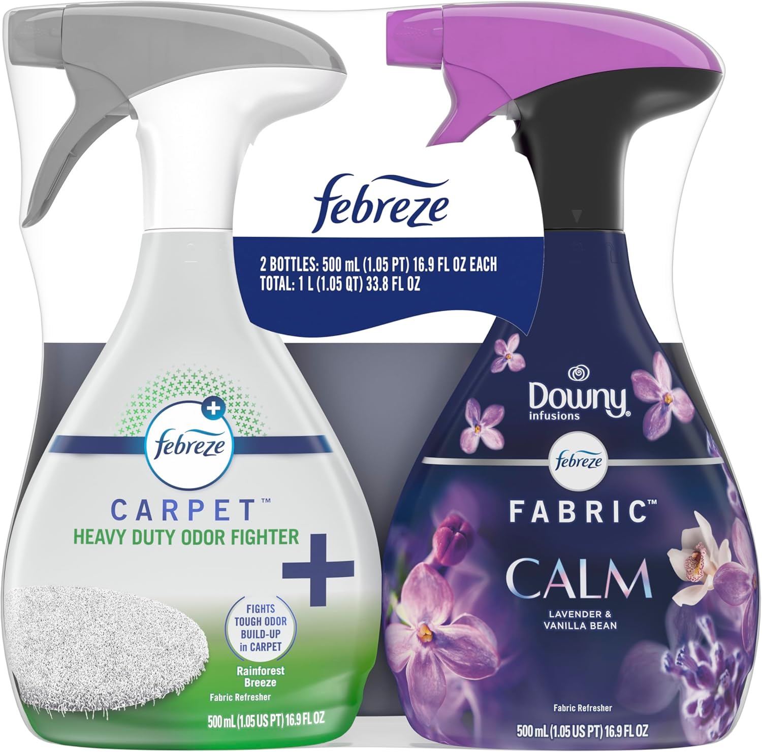 Febreze Fabric Spray & Carpet Heavy Duty Odor Fighter, Fabric Refresher, Multi-Use Deodorizer, Sneaker Balls Alternative, Couch & Linen Spray, Downy Calm & Rainforest Scents, 16.9oz, 2ct (1 of each)