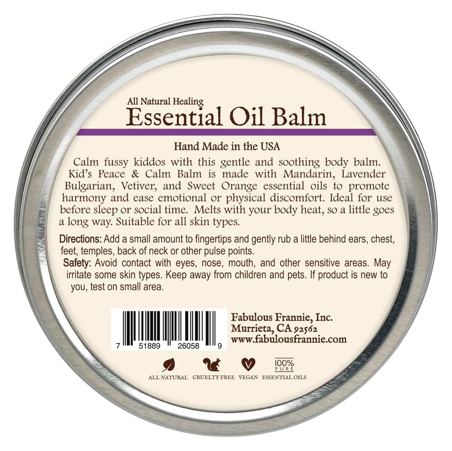 Fabulous Frannie Kid's Peace & Calm All Natural Essential Oil Healing Balm made with Sunflower Oil, Coconut Oil, Shea Butter, Beeswax, Soy Wax, Aloe Vera and Pure Essential Oils 3.5oz Tin