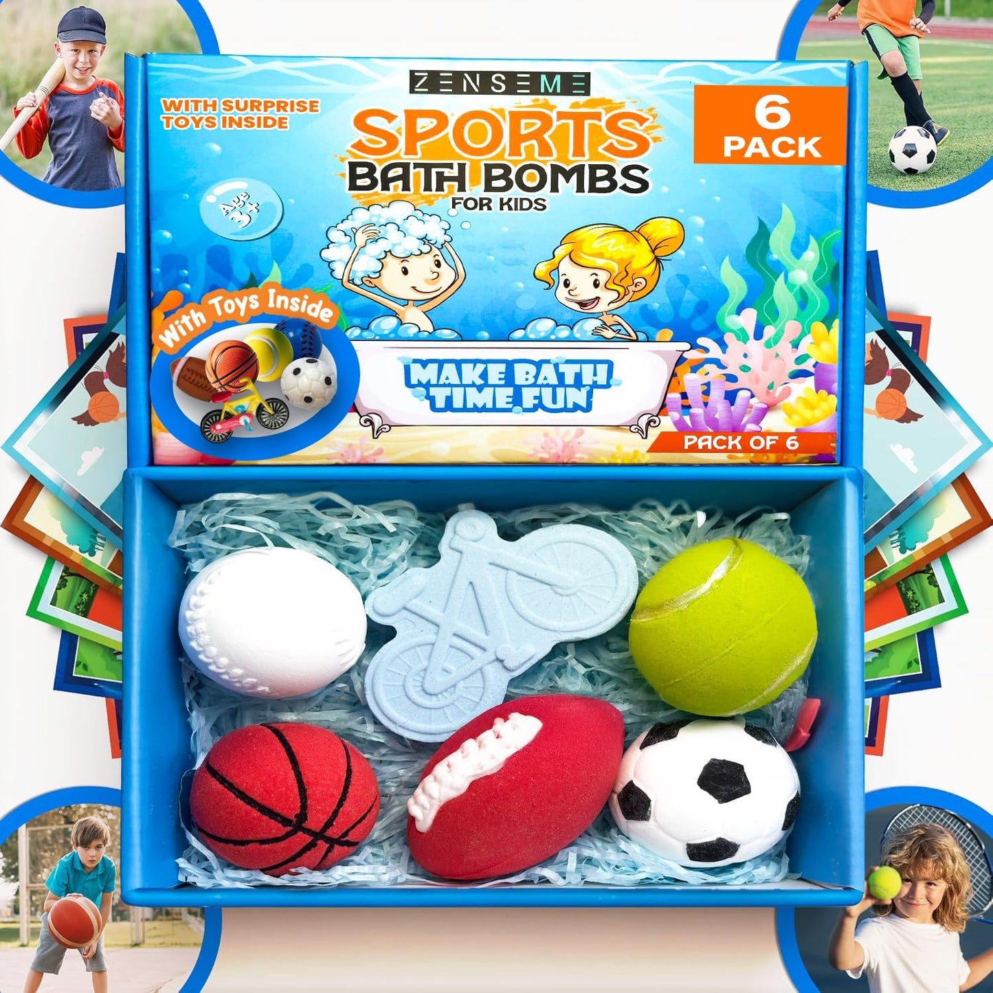 Bath Bombs For Boys W/Educational Flash Cards - Bathbombs with Toys Inside - 2.5 oz Gift Set of 6 Scented Organic Handmade with Natural Essential Oils - Sports Surprise Inside - Bath Toys - by Zenseme