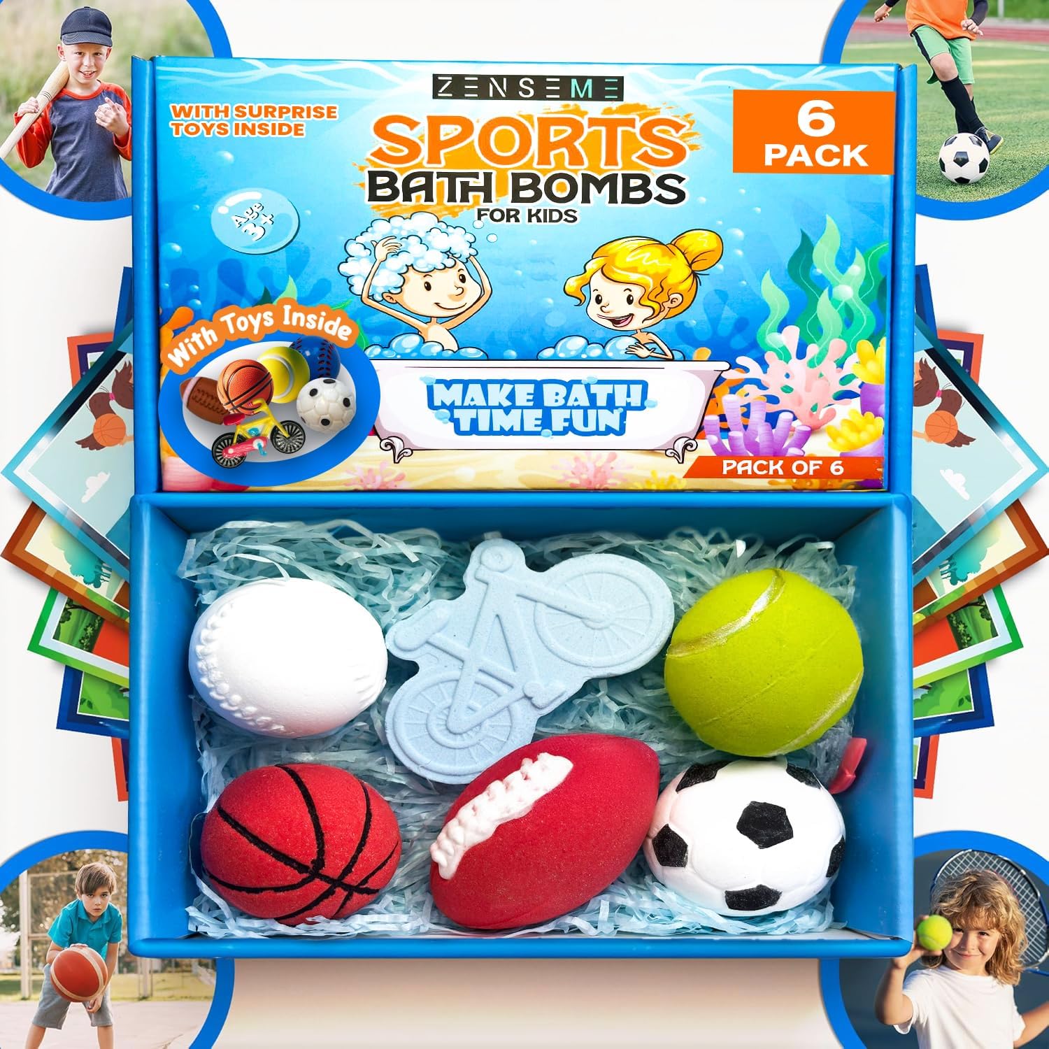 Bath Bombs For Boys W/Educational Flash Cards - Bathbombs with Toys Inside - 2.5 oz Gift Set of 6 Scented Organic Handmade with Natural Essential Oils - Sports Surprise Inside - Bath Toys - by Zenseme