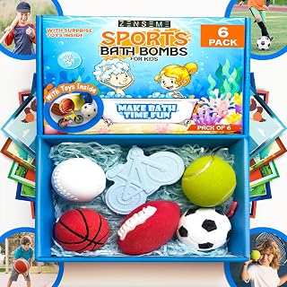 Bath Bombs For Boys W/Educational Flash Cards - Bathbombs with Toys Inside - 2.5 oz Gift Set of 6 Scented Organic Handmade with Natural Essential Oils - Sports Surprise Inside - Bath Toys - by Zenseme