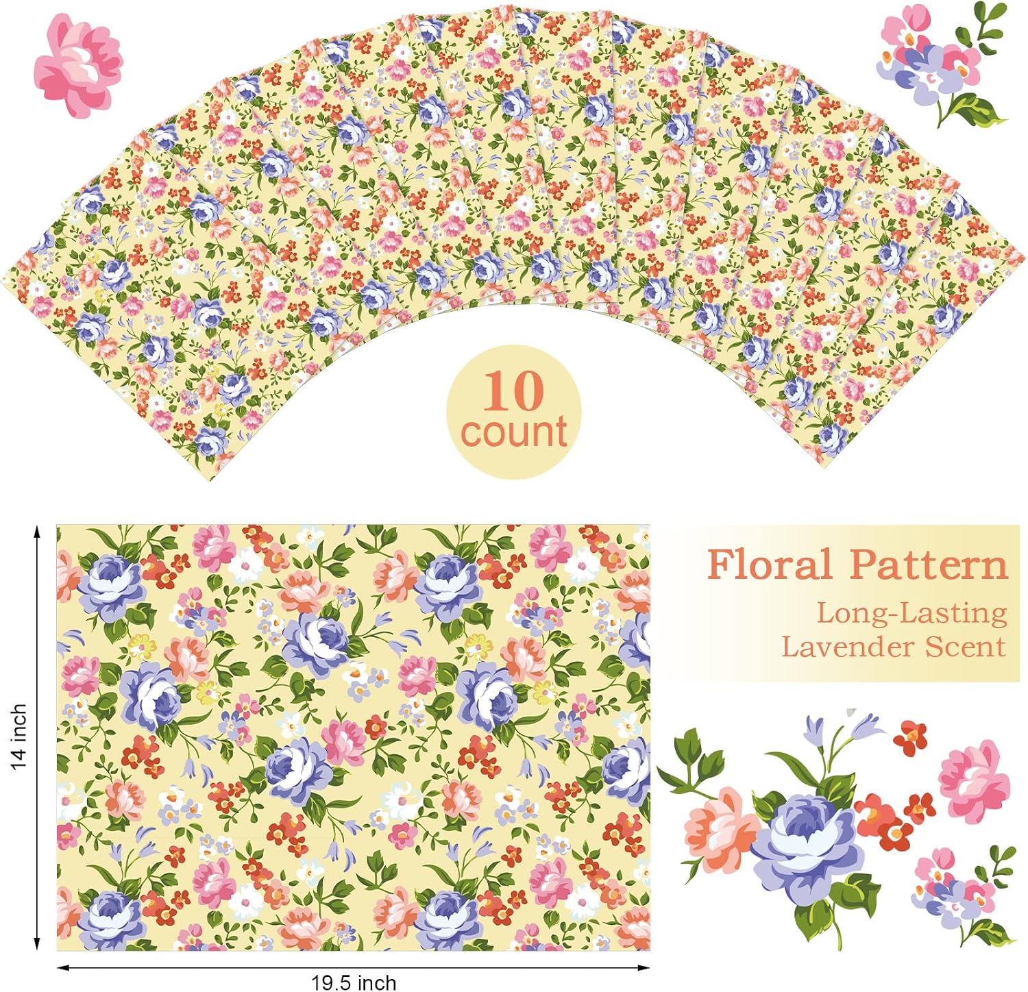 Gersoniel 10 Sheets Drawer Liners for Dresser Scented Drawer Liners Non Adhesive Scented Paper for Fragrant Home Shelf Closet(Lavender,Colorful Flowers)