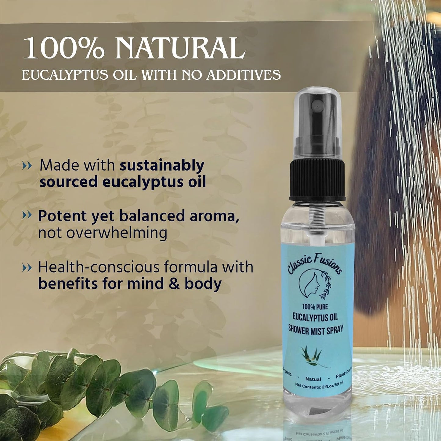 100% Pure Eucalyptus Oil Shower Spray – 2oz Natural Mist for Refreshing Scent, Relaxation & Invigoration – No Harsh Chemicals, Perfect for Shower, Steam Room & Linen Freshener