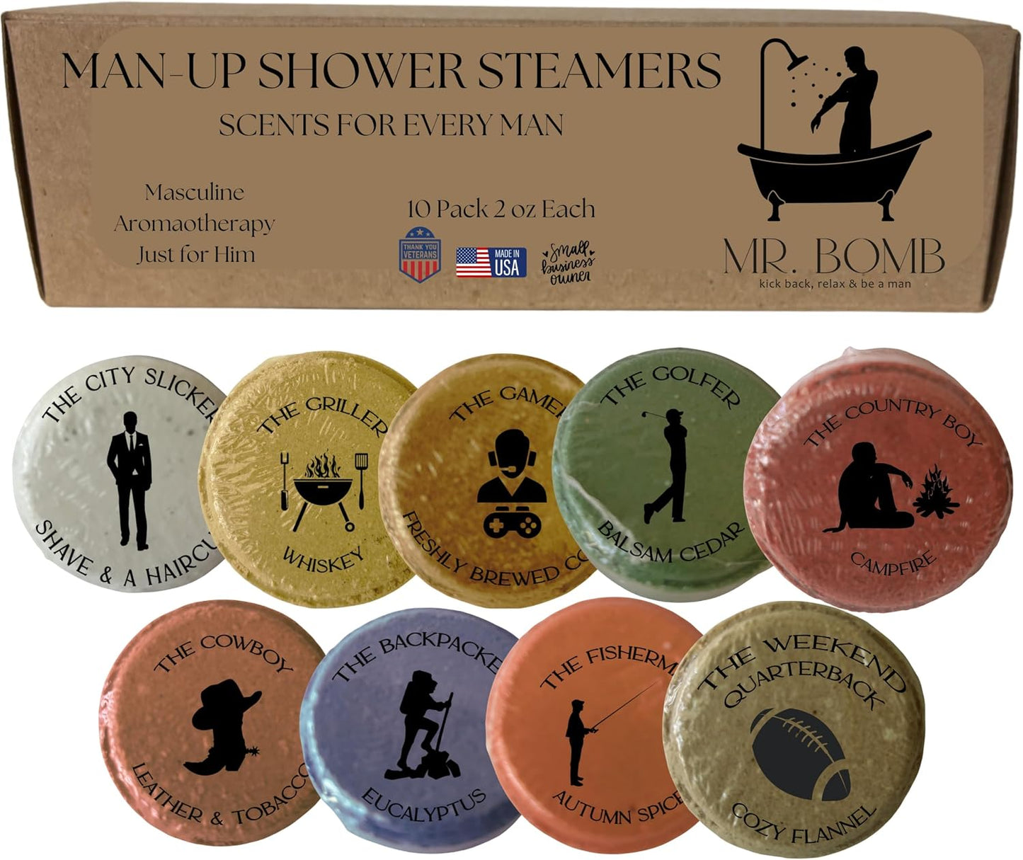 Mr. Bomb Masculine Shower Steamers for Men, Dude Bombs, Aromatherapy for The Guys, Shower Bombs for Men Gift Set, 9 Pack Steamer Set, Elevate Your Bathing and Relaxation (Large, Man-Up)