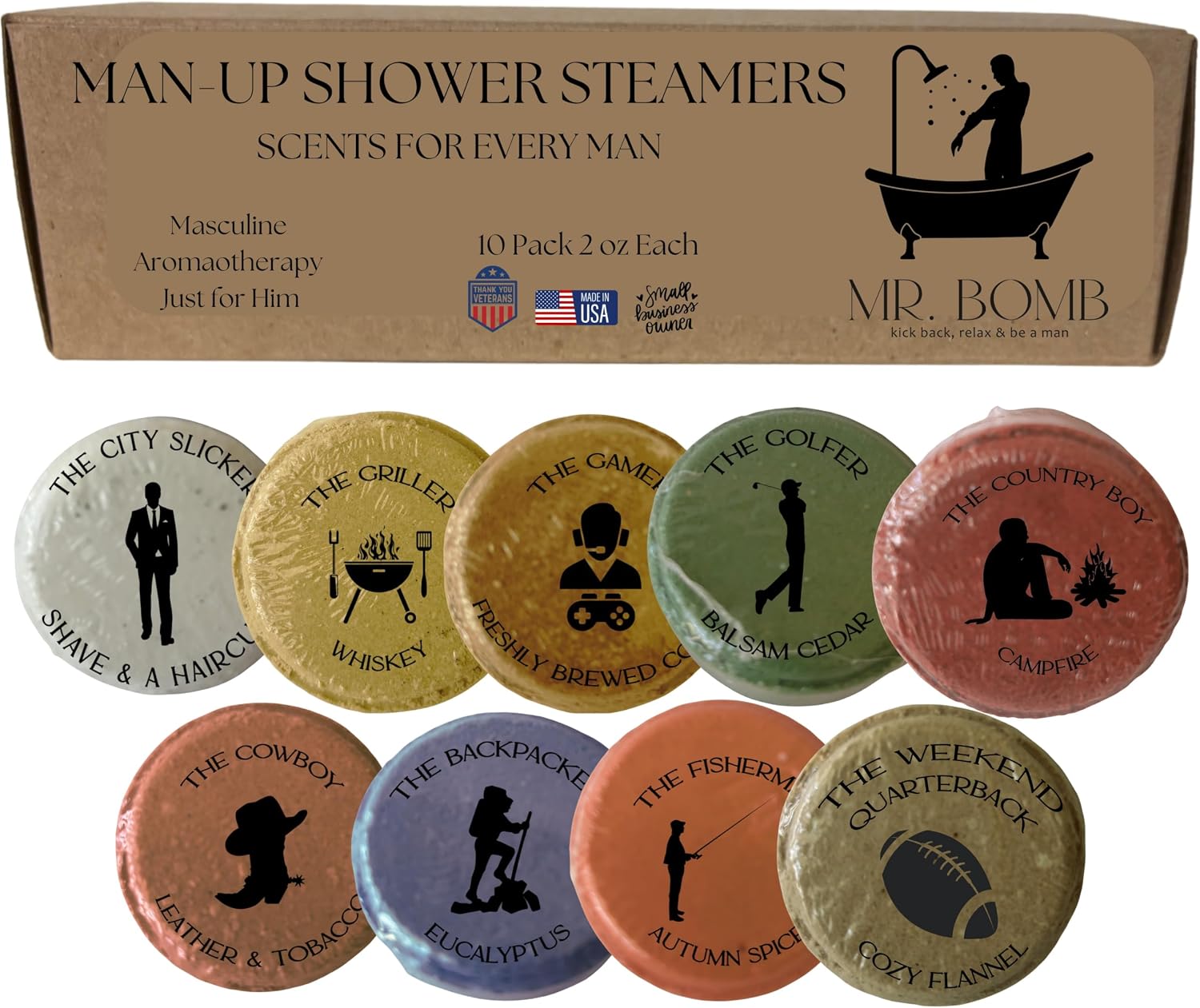 Mr. Bomb Masculine Shower Steamers for Men, Dude Bombs, Aromatherapy for The Guys, Shower Bombs for Men Gift Set, 9 Pack Steamer Set, Elevate Your Bathing and Relaxation (Large, Man-Up)