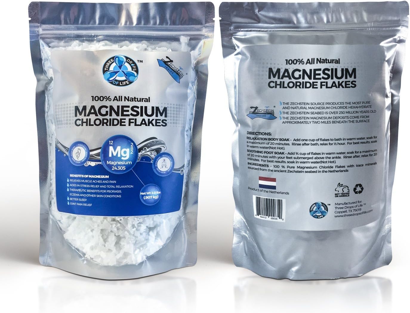 All Natural Magnesium Chloride Flakes, Bathing Alternative to Epsom Salt, Rapid Absorption Efficiency for Wellness and Relaxation, Numerous Foot Soak Health Benefits - 2lb Bulk Bag (2 Pack)