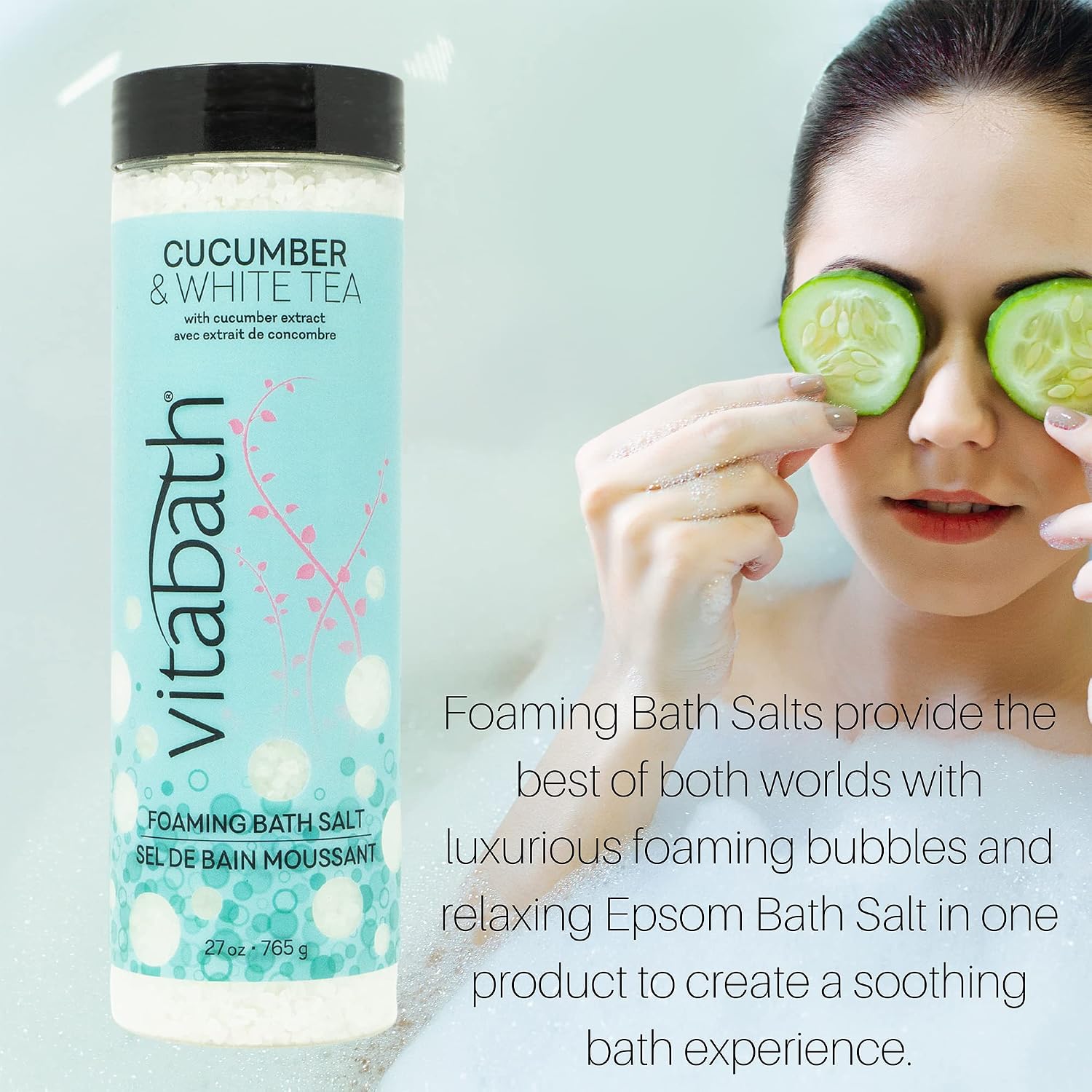 Vitabath Cucumber & White Tea Foaming Bath Salts Relaxing Bubble Aromatherapy Skincare - Muscle & Body Ache Soothing & Skin Nourishing Foamy Soak for Women & Men – 27 oz