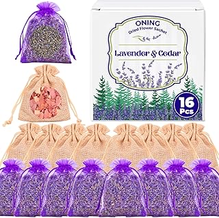 16 Pack Lavender Sachet Bags & Cedar Chips Set - 100% Natural Premium Dried Lavenders Flowers, Cedar Home Fragrance Sachets, Lavenders Sachets for Drawers, Closets, Storage