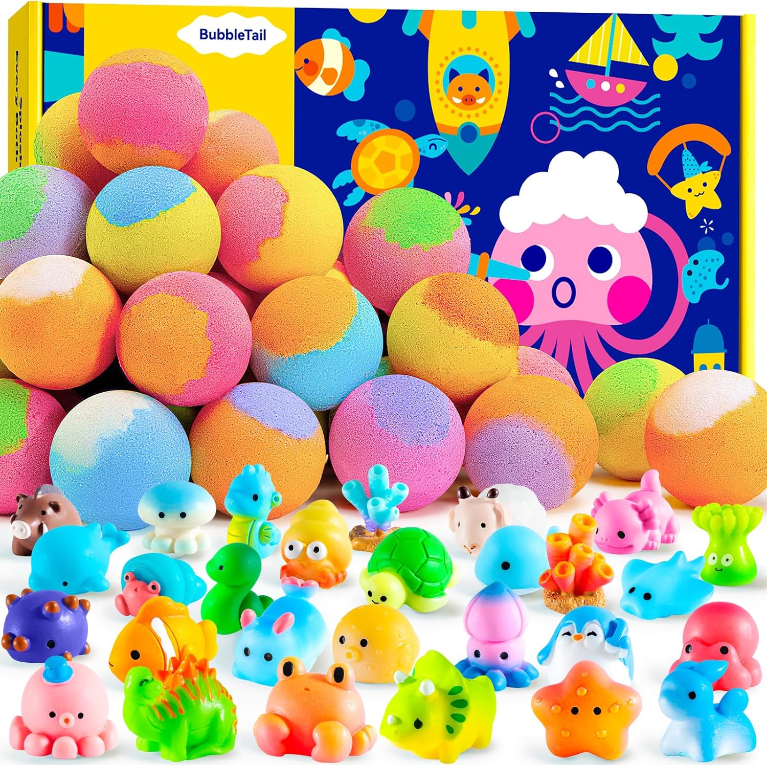 Bath Bombs for Kids with Surprise Inside, 28 Fun Fizzy Shower Bombs with Land & Sea Animal Toys, Kid-Friendly & Non-Toxic, Birthday Party Favors, Holiday Stocking Stuffers for Girls and Boys
