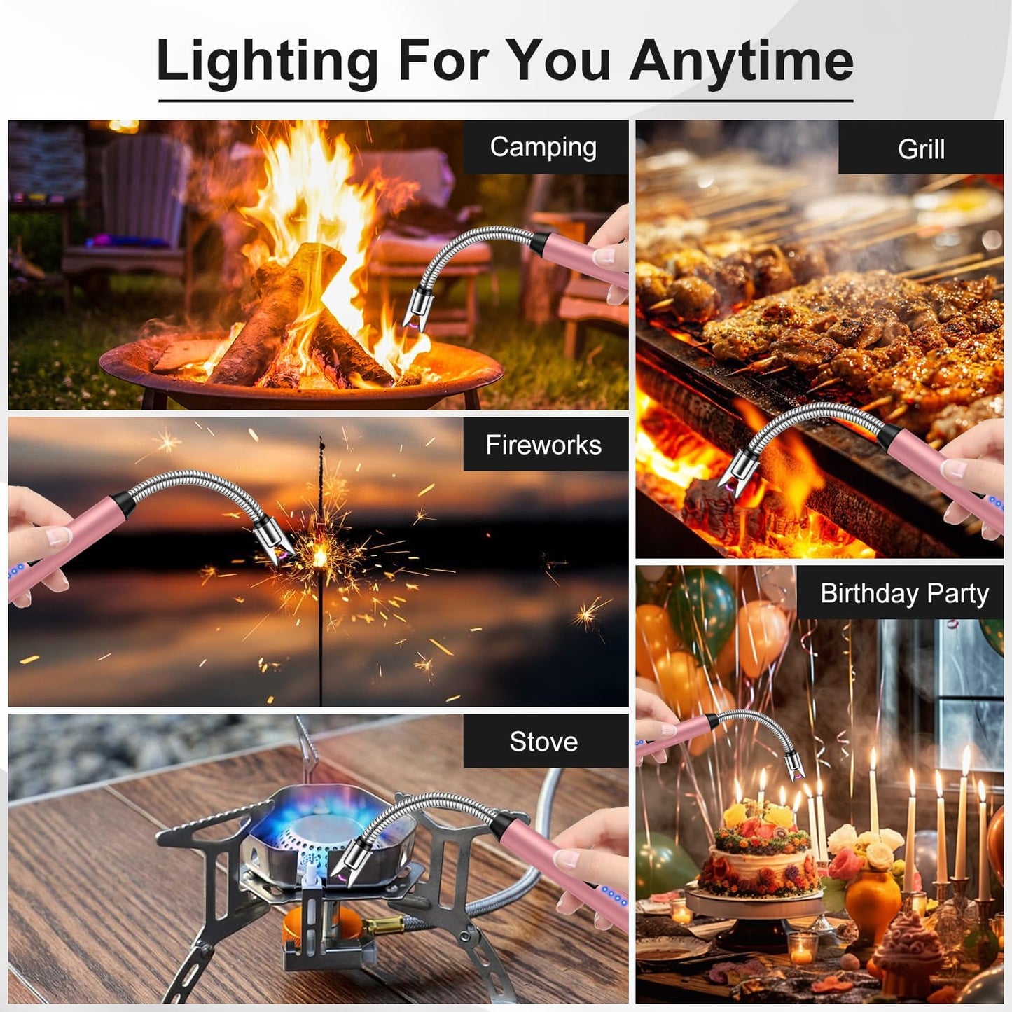 LcFun 3 Pack Candle Lighter USB C Rechargeable Electric Lighters with 360° Flexible Neck & Safety Lock, Windproof Arc Lighters Long Stem Matches for Candle, Grill, BBQ, Gas Stoves (Black,Silver,Pink)