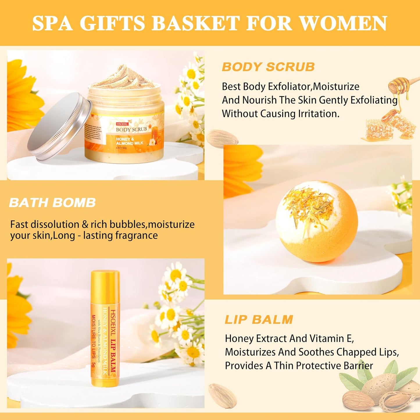 Gifts for Women, Birthday Gift for Women, 9 Pc Almond Milk & Honey Bath and Body Gifts Set, Self Care Gifts Spa Gift Basket, Relaxing Bath Sets for Mom, Girlfriend, Sister, Female Friends, Coworker
