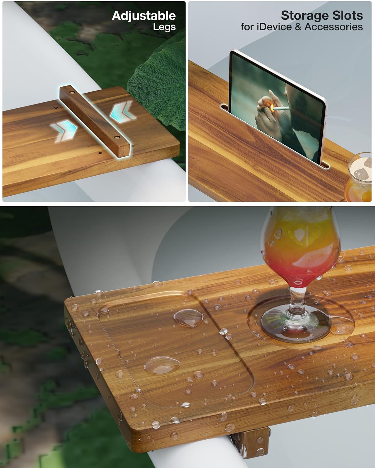Bathtub Tray, Acacia Bath Tray for Tub, 34.6''x9'' Wooden Bathtub Caddy Tray with Adjustable Legs Fit Various Bathtubs, Anti-Tipping, Sustainable Bath Table with Wine Glass and Tablet Holder