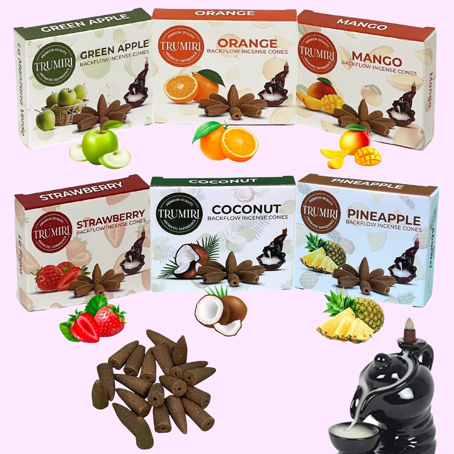 Fruity - Backflow Incense Cones for Waterfall - Scented Inscents-Cones - Pineapple, Strawberry, Coconut, Mango, Apple, Orange - Insiensos Aromaticos - 6x10=60 Large Variety Pack