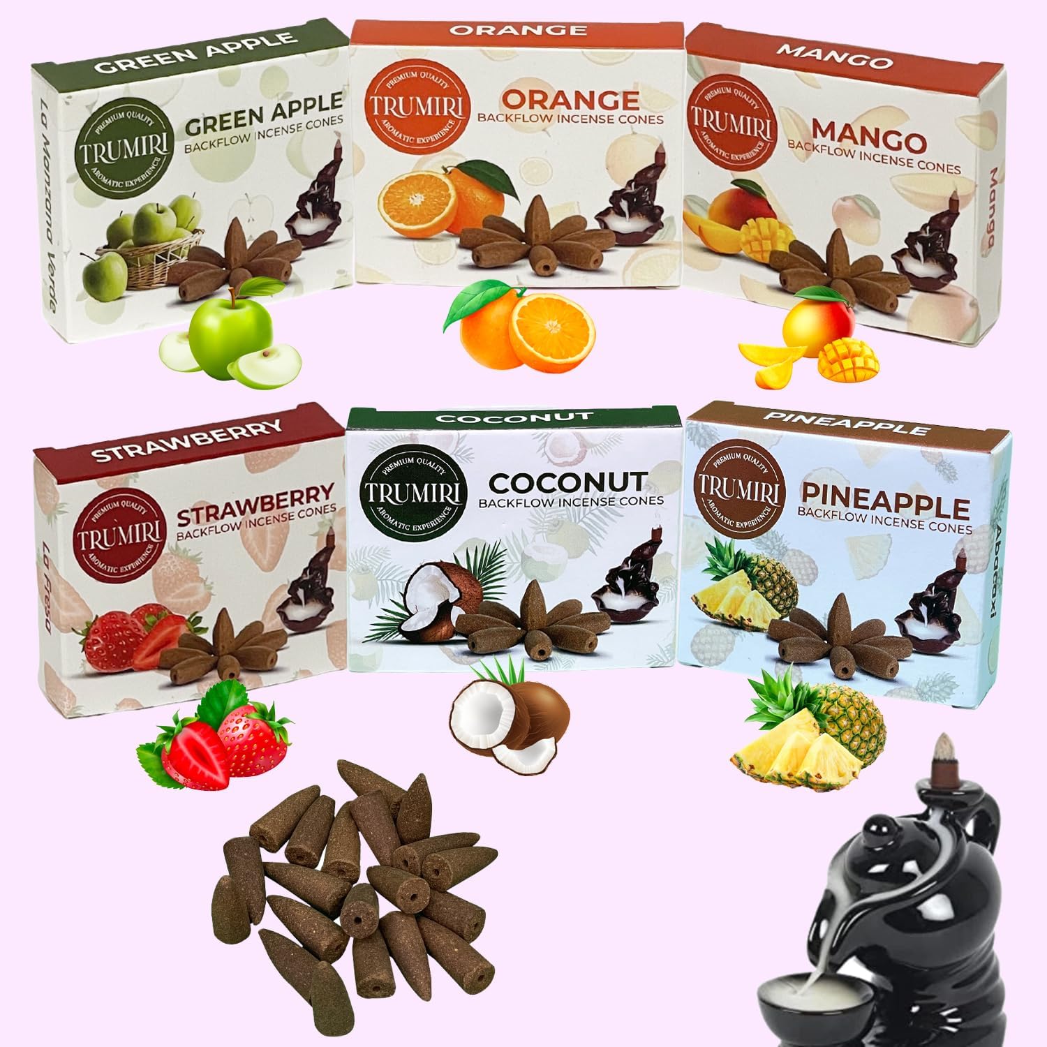Fruity - Backflow Incense Cones for Waterfall - Scented Inscents-Cones - Pineapple, Strawberry, Coconut, Mango, Apple, Orange - Insiensos Aromaticos - 6x10=60 Large Variety Pack