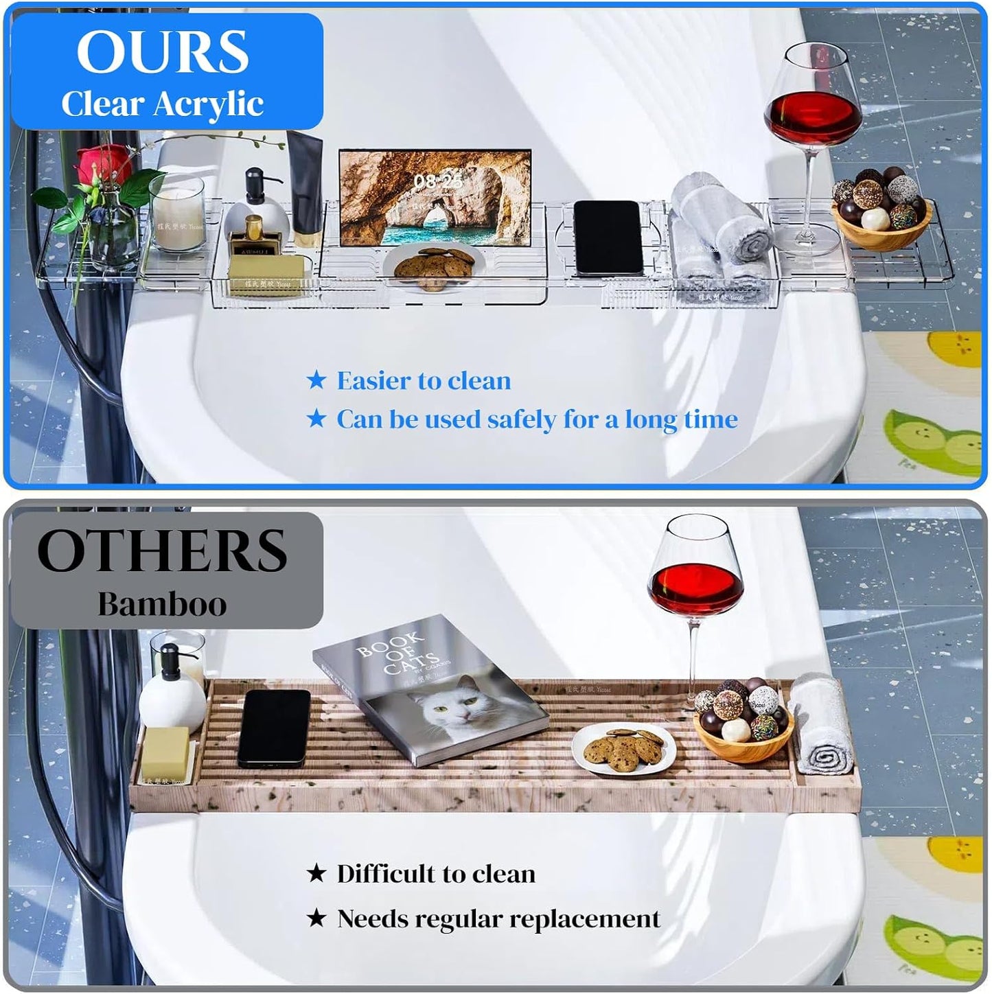 Expandable Acrylic Bathtub Tray for Tub, Bath Caddy Tray Table for Bathtub, Adjustable from 31.5 to 41 inch, Bathtub Rack fits Most Bathtubs and Bathroom Décor, Bath Tub Shelf Accessories for Women
