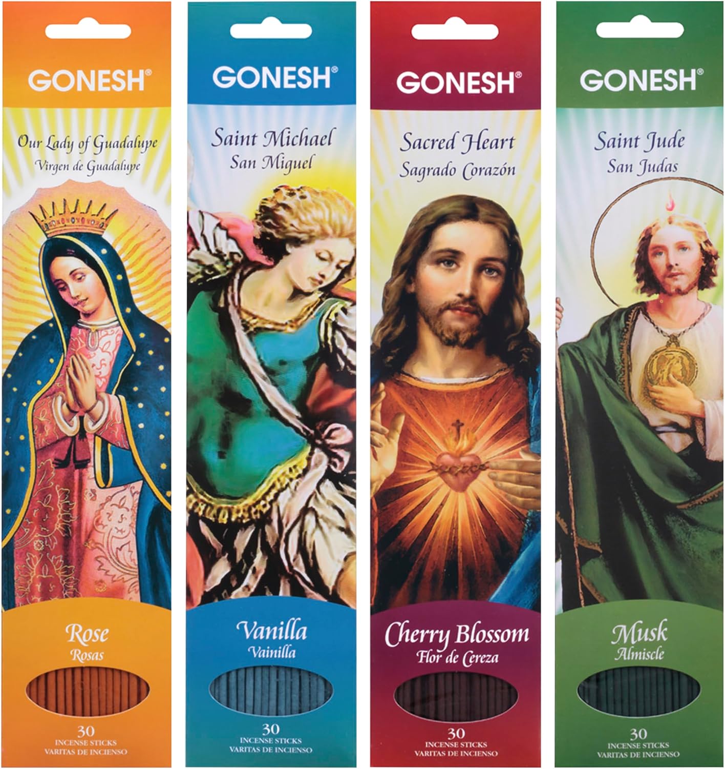 Gonesh Patron Saint Easter Collection - Incense Sticks Variety Pack - Non-Toxic 10” Slow Burn Aromatic Sticks - St. Jude, Our Lady of Guadalupe, St. Michael, Sacred Heart of Jesus - 30 Each