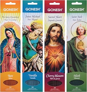 Gonesh Patron Saint Easter Collection - Incense Sticks Variety Pack - Non-Toxic 10” Slow Burn Aromatic Sticks - St. Jude, Our Lady of Guadalupe, St. Michael, Sacred Heart of Jesus - 30 Each