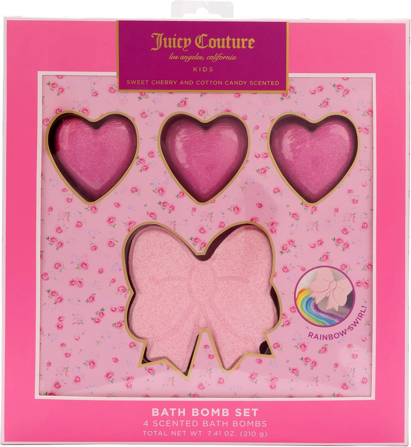 Juicy Couture Kids Scented Bath Bomb 4 Pack Set, Bow and Heart Shapes with Sweet Cherry and Cotton Candy Scent
