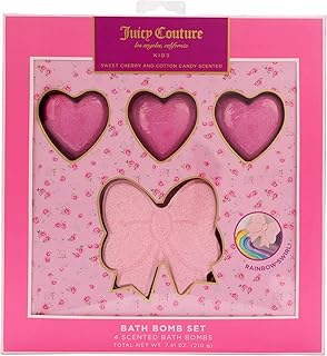 Juicy Couture Kids Scented Bath Bomb 4 Pack Set, Bow and Heart Shapes with Sweet Cherry and Cotton Candy Scent