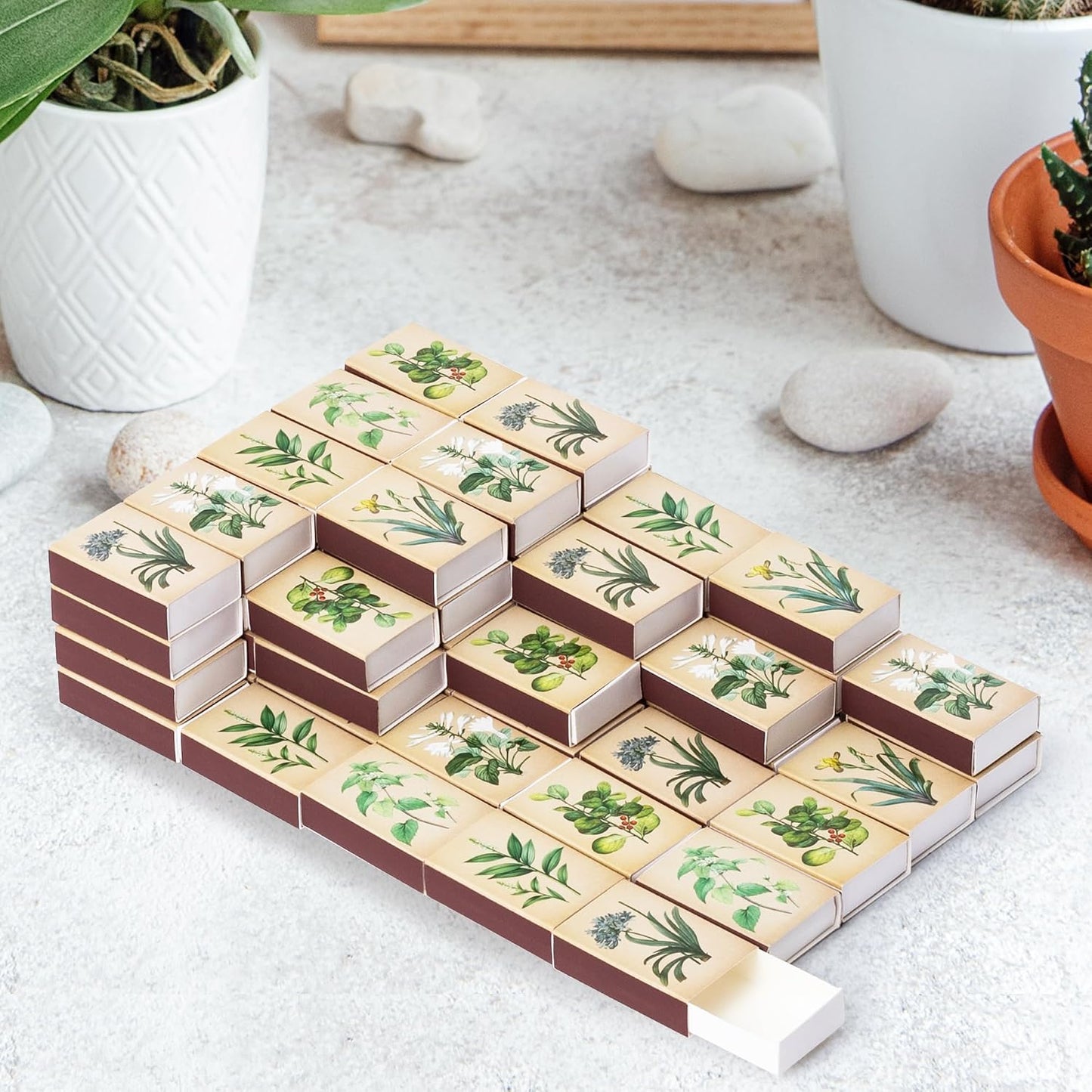 BUoonyer Plant Blank Matches Boxes - 60PCS Match Storage Containers with Double-Sided Striker, Plants Fireplace Matchbook Bulk Holder Decorative for Guests Gift Party Favor (No Matches Included)