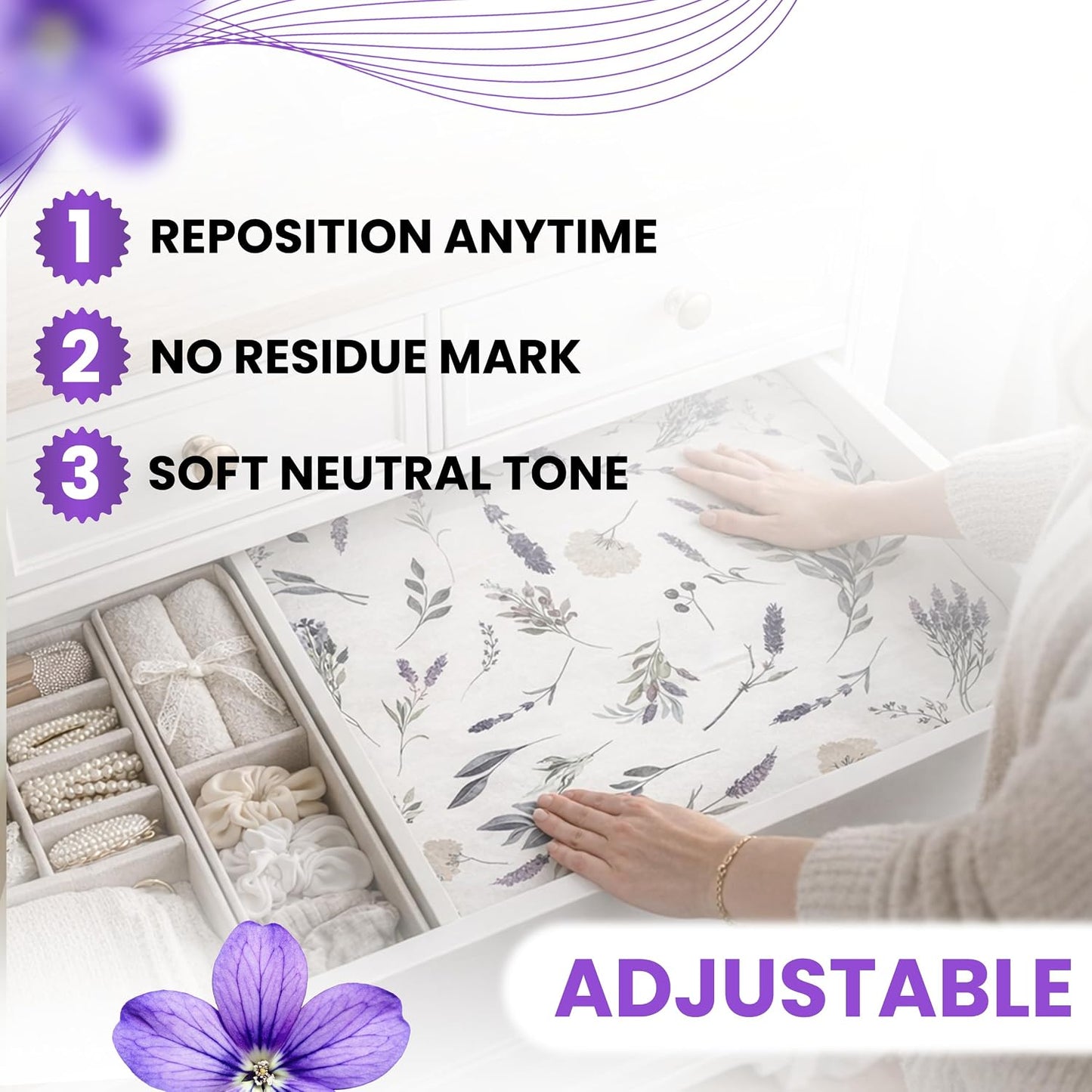 8X Lavender Scented Drawer Liners for Dresser - Scented Drawer Liner is Ideal for Cabinet, Dresser, Shelf, Cupboards - Double-Sided Pattern Non Adhesive Contact Paper for Shelves is Ideal Winter Gift