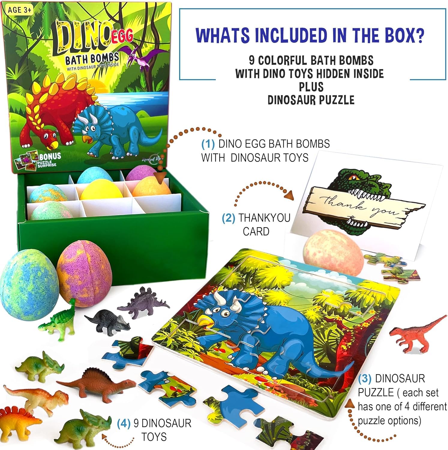 Bath Bombs for Kids with Surprise Toys Inside Plus Dinosaur Puzzle - Set of 9 Organic Dino Egg Bath Bombs with Rich Bubbles, Birthday Gifts for Kids