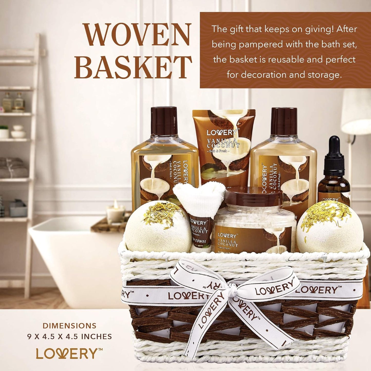 Gifts For Women Gift Basket for Women– 9 Piece Set of Vanilla Coconut Home Spa Set, Luxurious Gifts for Her, Bath and Body Sets Includes Fragrant Lotions, Large Bath Bombs, Coconut Oil