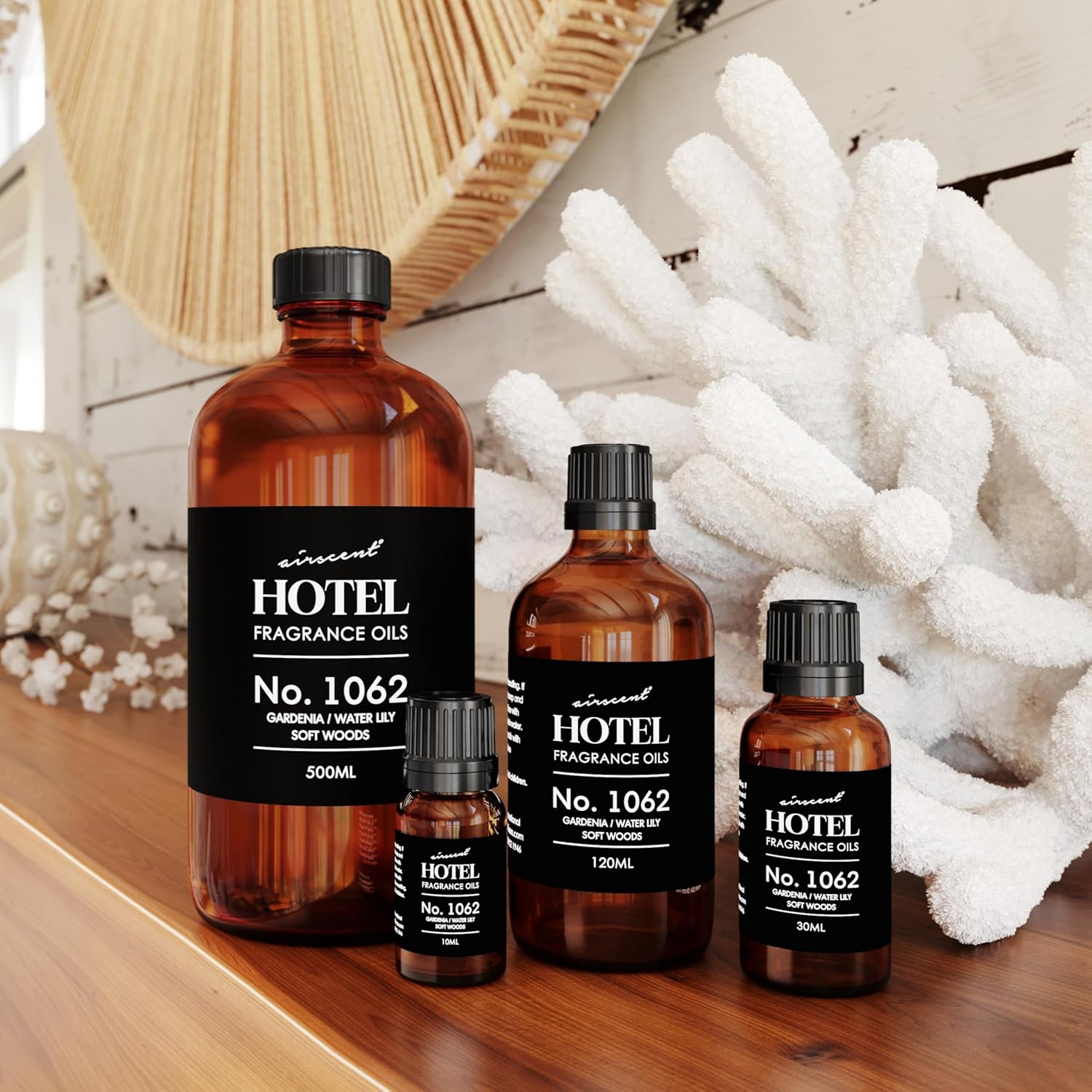 AirScent Hotel Diffuser Oil No. 1062 - Gardenia, Water Lily, Soft Woods - Premium Fragrance Oil for Ultrasonic and Waterless Diffusers and Crafting - 10 mL, 0.34 fl oz Glass Dropper Bottle